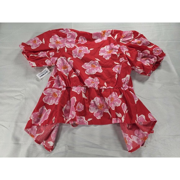 NWT Old Navy Floral‎ Puff Sleeve Wrap Top S Red Pink Cottagecore Peplum Babydoll - Picture 4 of 11